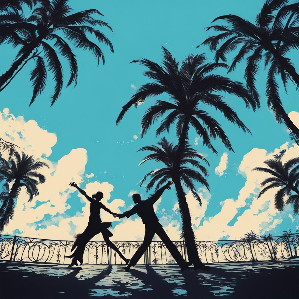 Salsa Dancing Couple Under Palm Trees