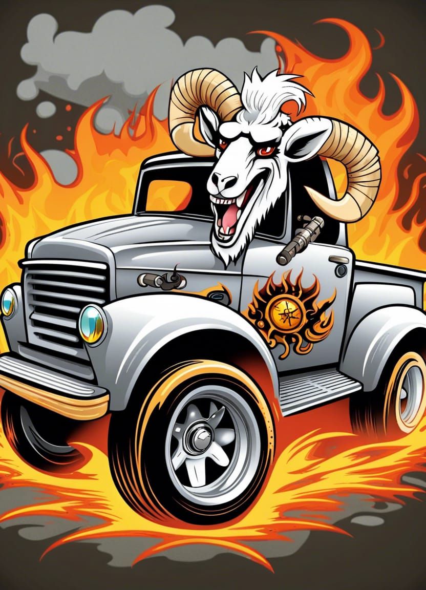 Cartoon Billy Goat Drives Ed Roth Style Rat Rod