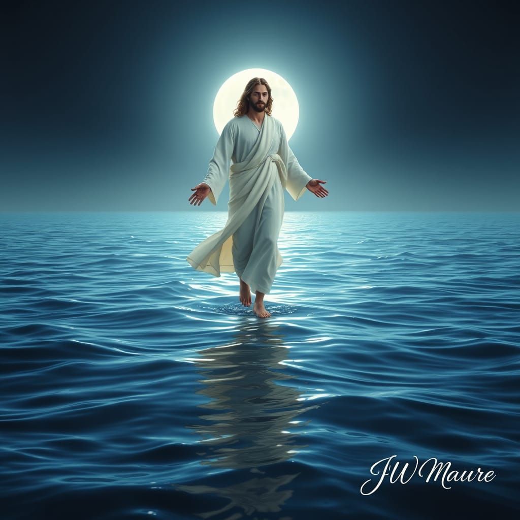 Serene Night Scene with Jesus Walking on Water in Photoreali...