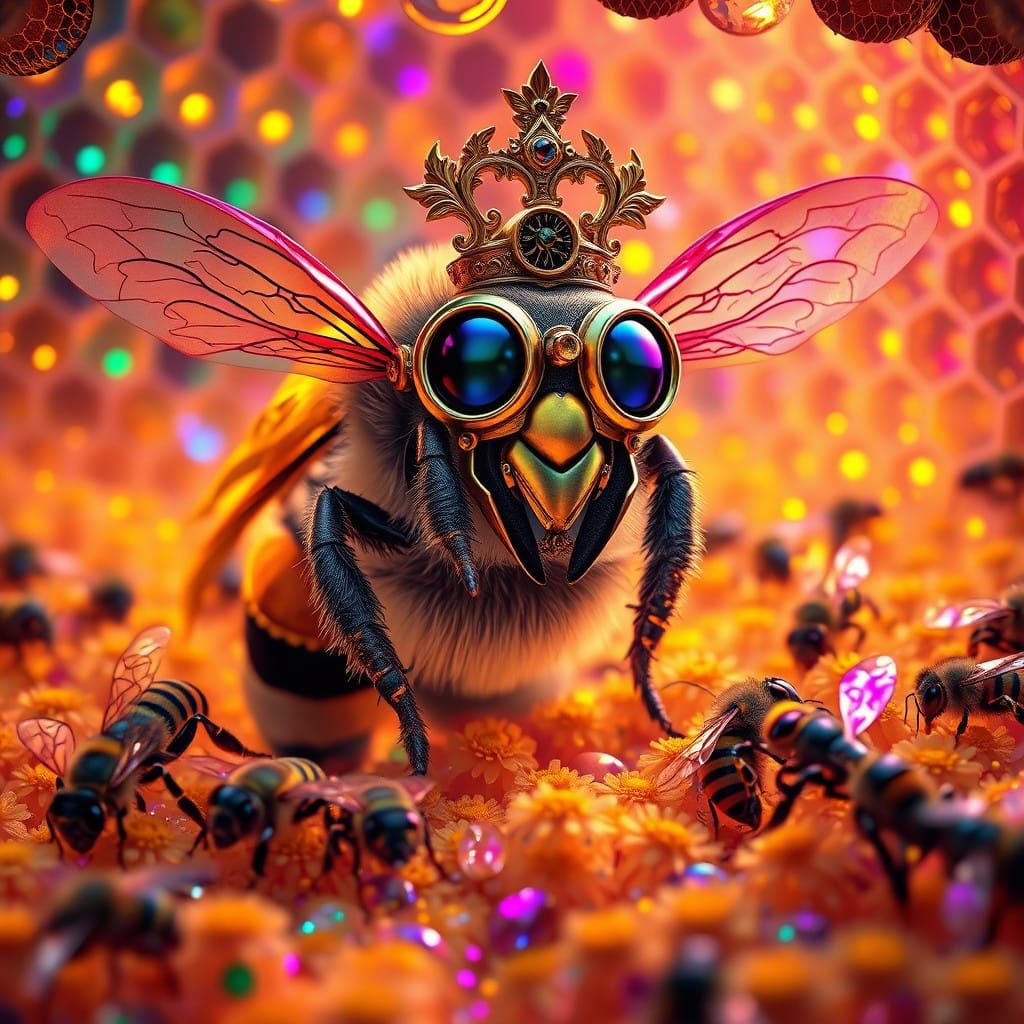 Steampunk Queen Bee Reigns Over Vibrant Hive in Golden Splen...
