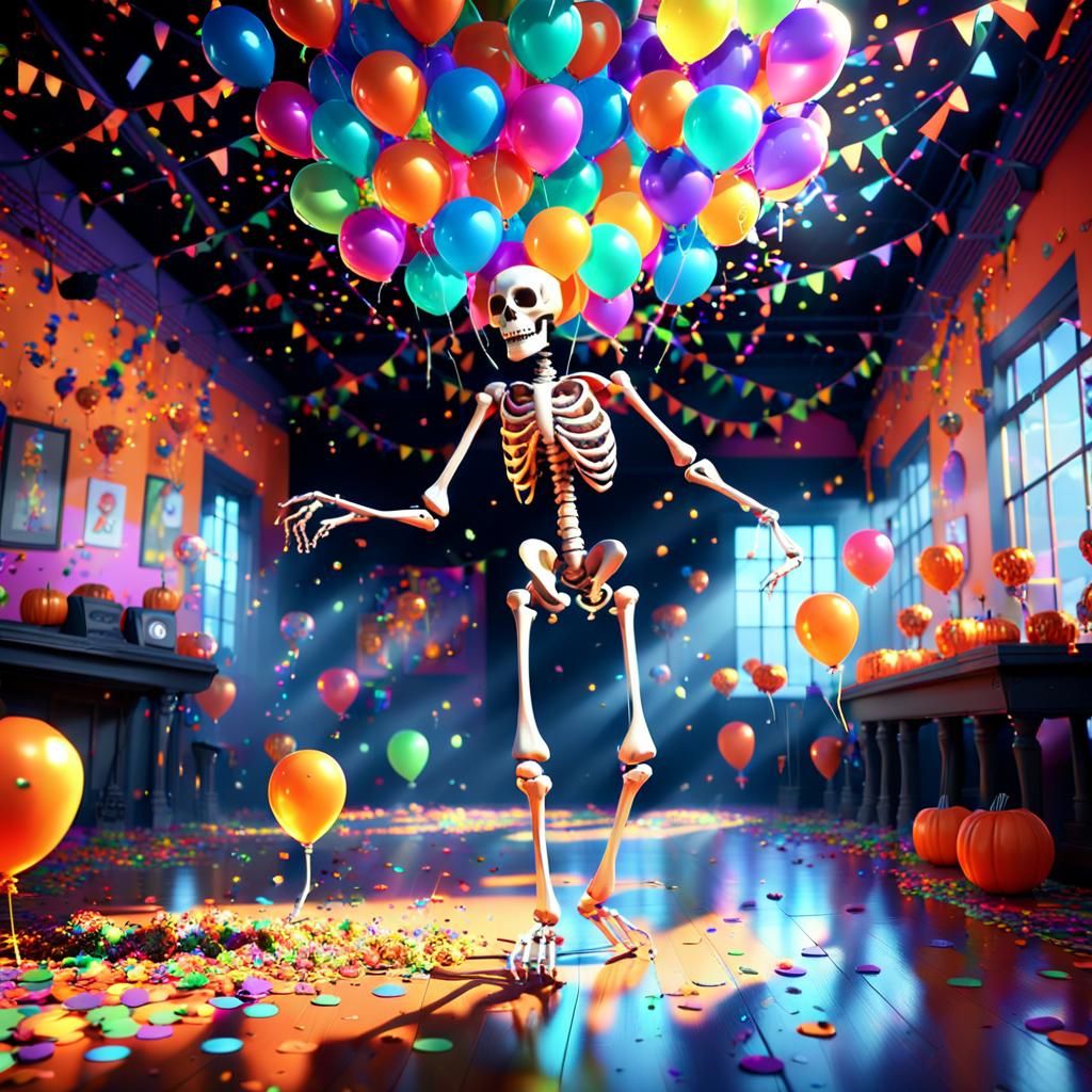 Dancing Skeleton in Vibrant Pixar-Style Dance Hall