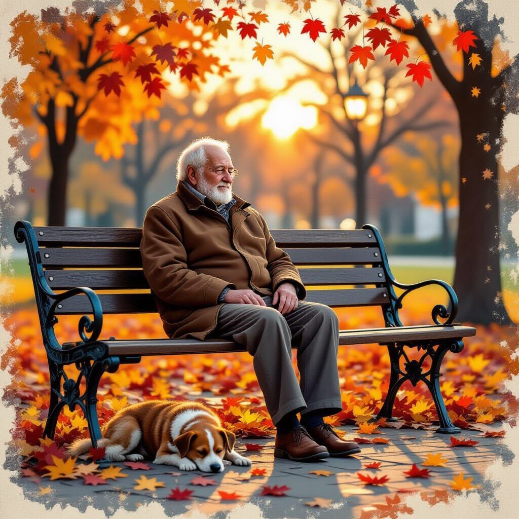 Elderly Man and Dog on Autumn Bench