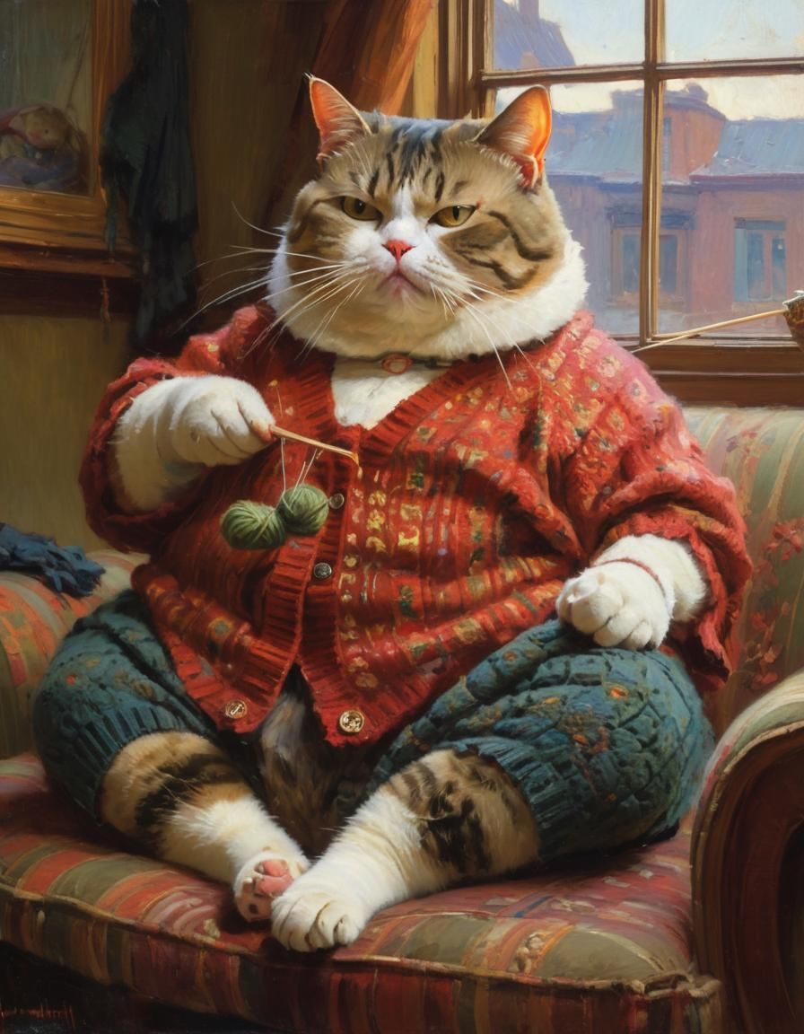Grumpy Cat Knitting an Oil Painting