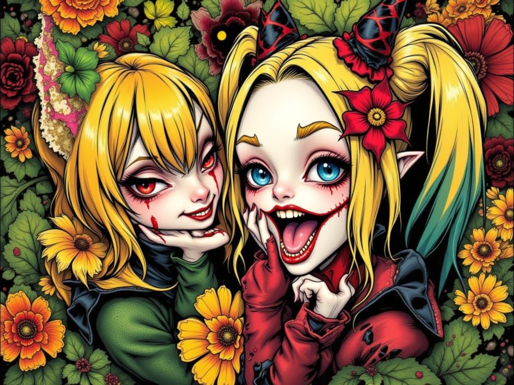 Chibi Harley Quinn and Poison Ivy in Art Nouveau Style