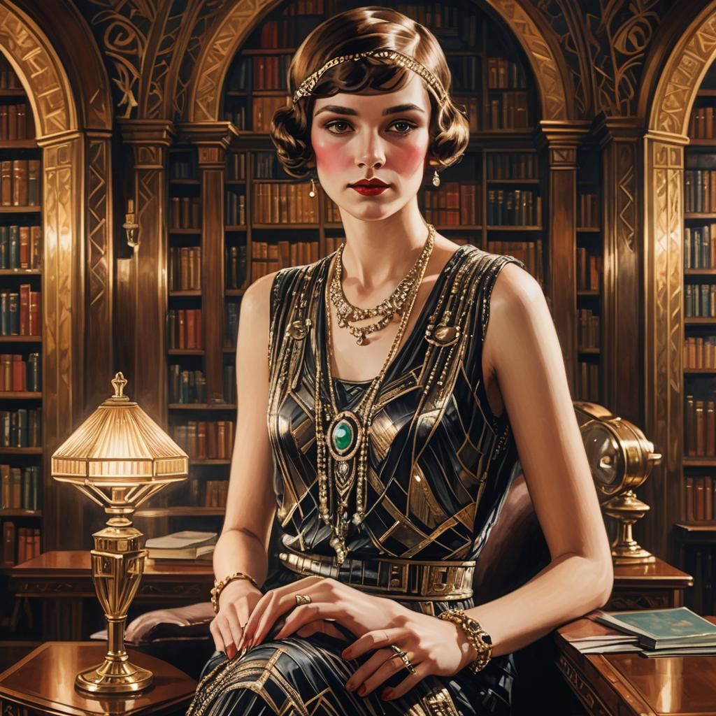 Art Deco Portrait of Woman in Luxurious Library