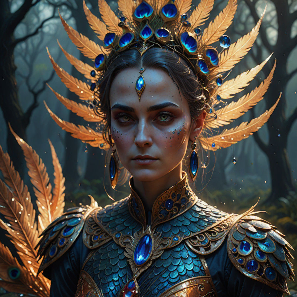 Surrealistic Peacock Goddess in Dewy Morning Light