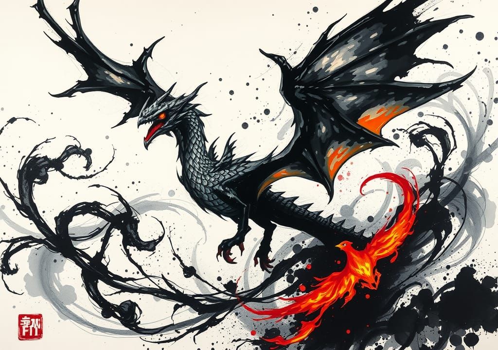Mythical Dragon-Phoenix Hybrid in Dark Surrealism