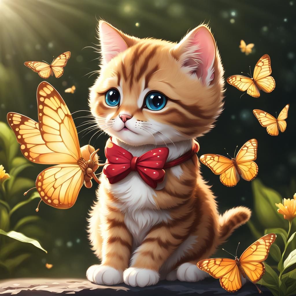 Cute Chibi Cat with Butterfly in Stardust Light