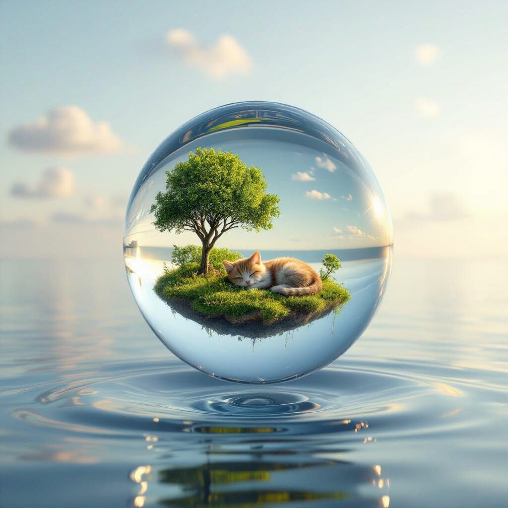 Giant Water Droplet With Cat Sleeping Inside Over Sea