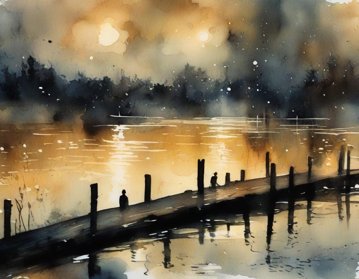 Moonlit Fishing Dock in Impressionist Ink Watercolor