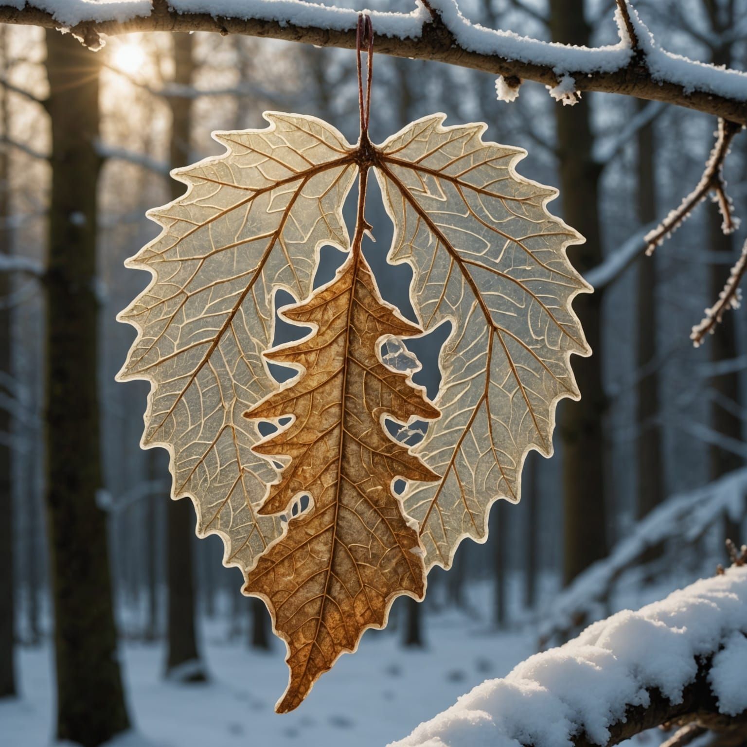 pale old autumn leaf with a snowy traditional beautiful Chri...
