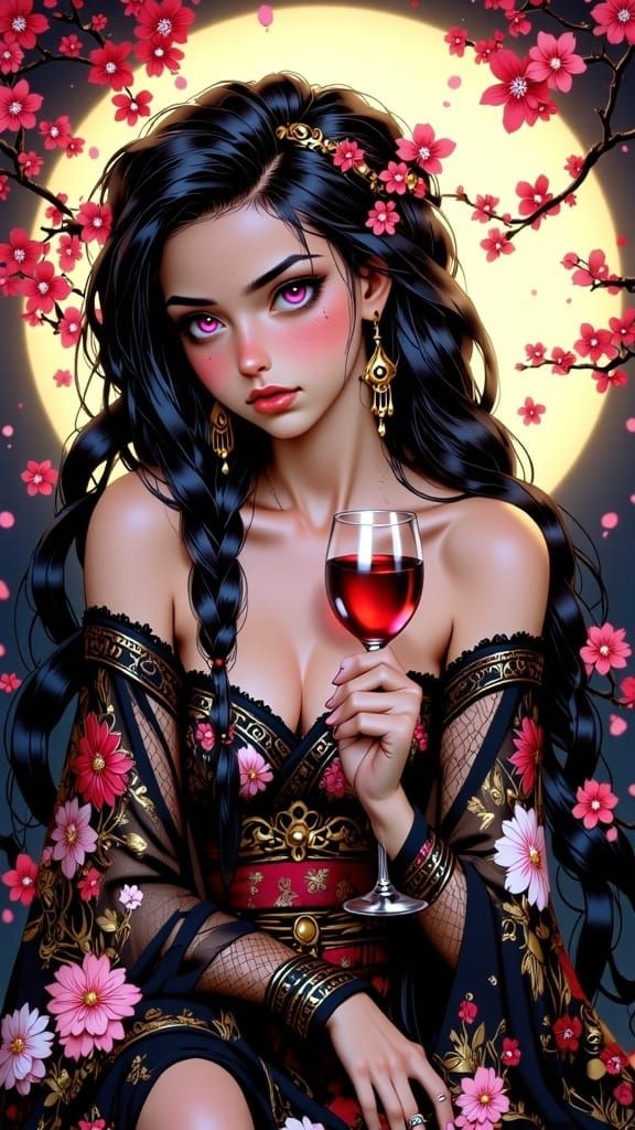 Fantasy Portrait of Elegant Asian Woman in Floral Kimono
