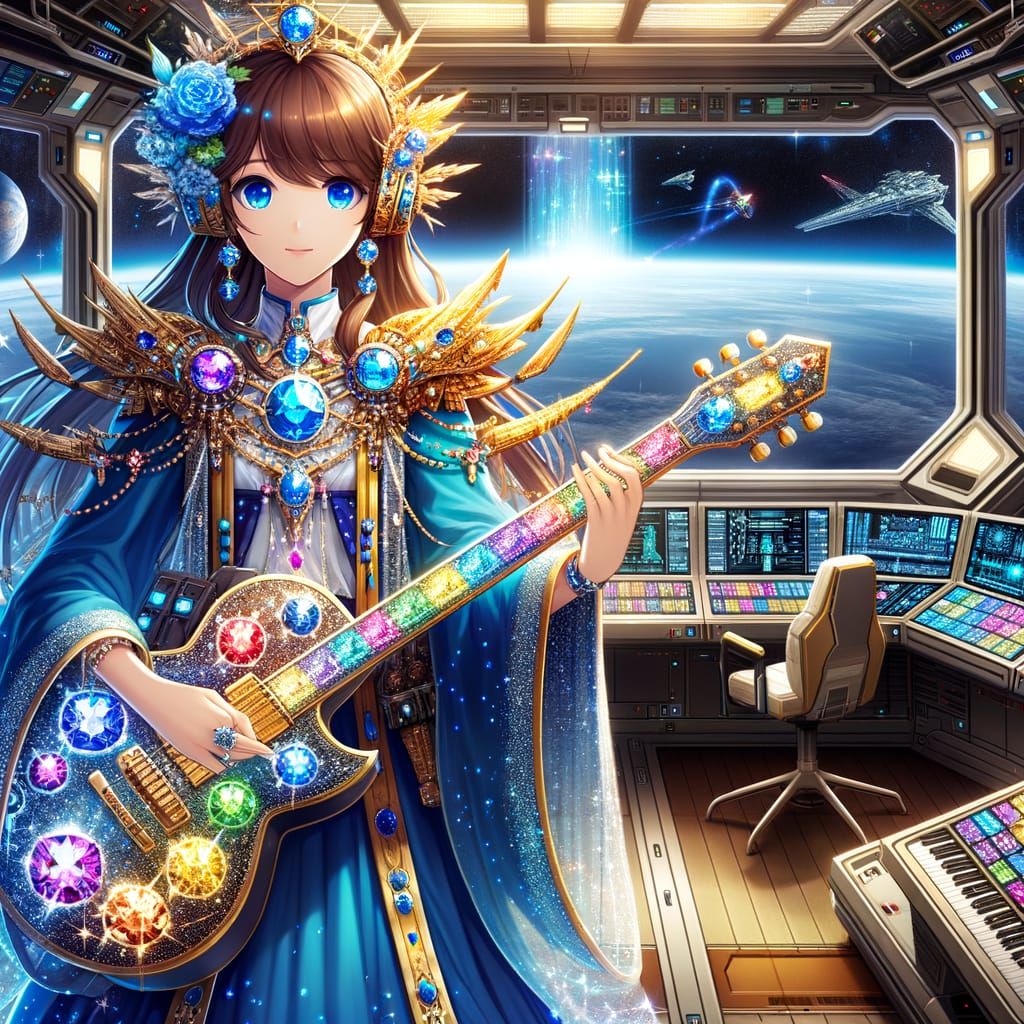 Anime Celestial Warrior Plays Guitar in Space