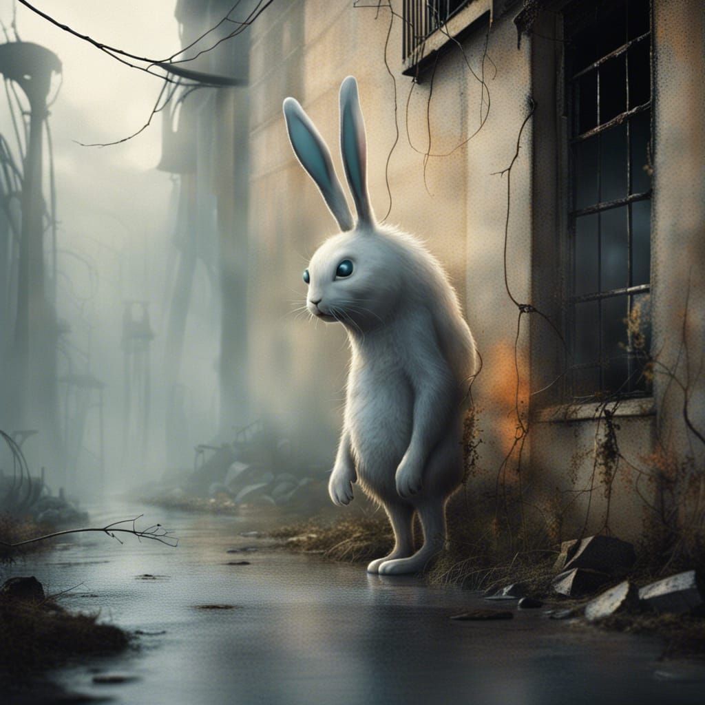 Eerie Bunny Ghost in Anime Style Ruins