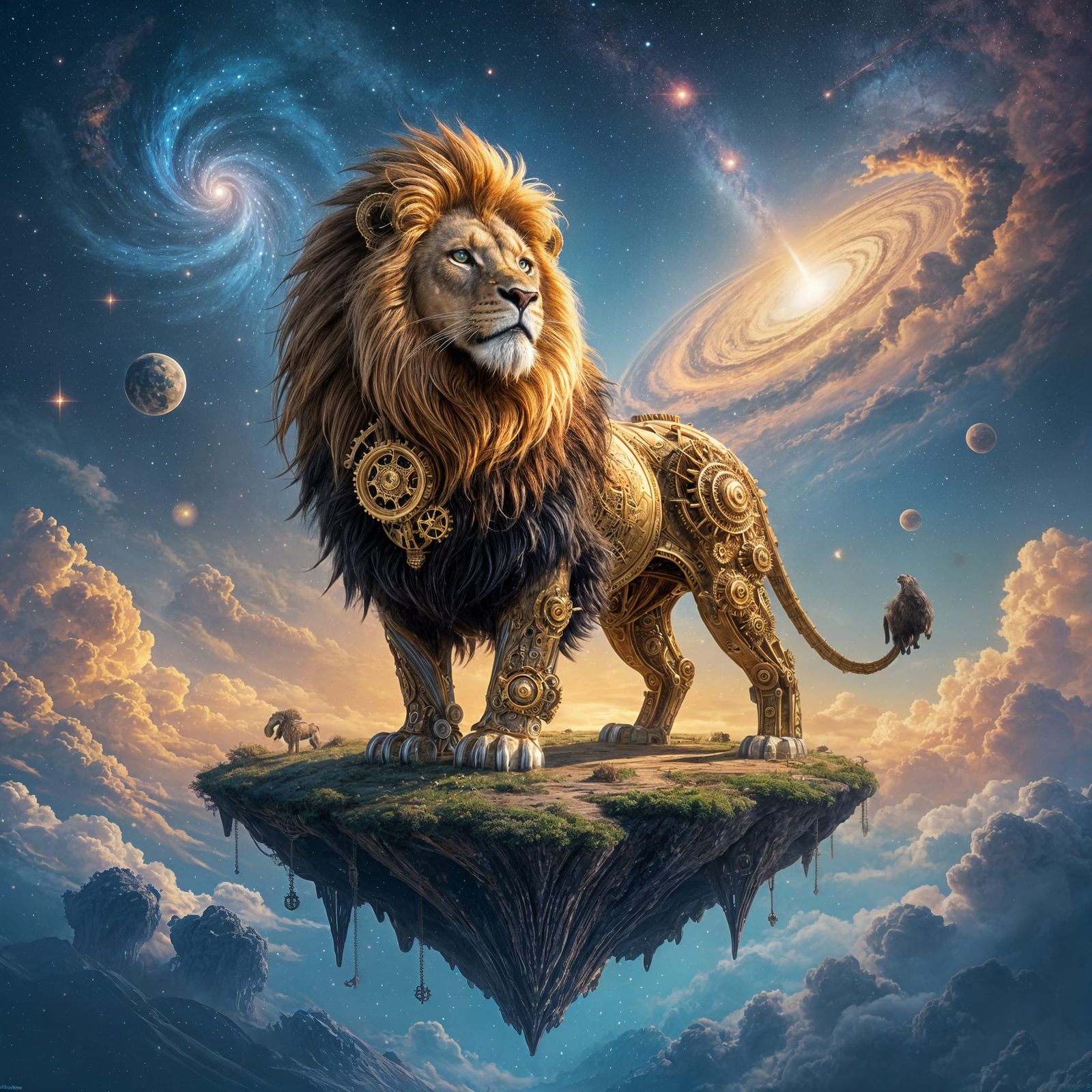 Steampunk Lion on Floating Island in Nebula