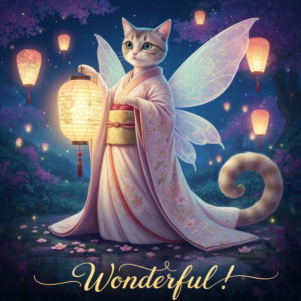 Charming Cat Fairy in Mystical Garden with Lantern