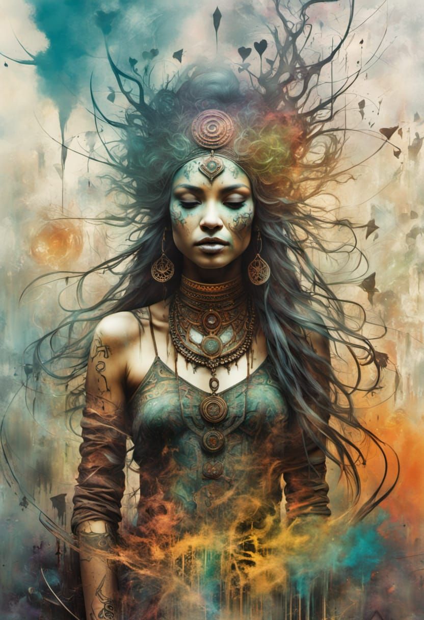 Vibrant Shamaness in a Dreamlike Street Art Scene