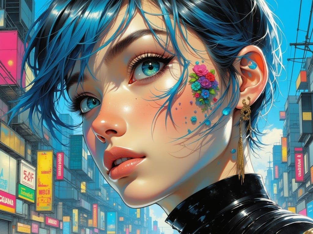 Cherokee Irish Idol with Blue-Steel Eyes in Cyberpunk City