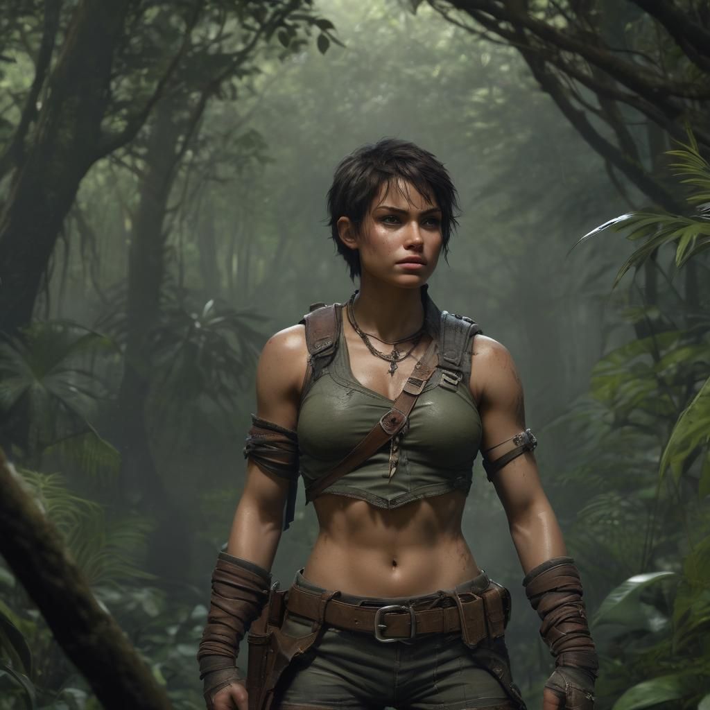 Muscular Female Ranger in Dark Fantasy Jungle