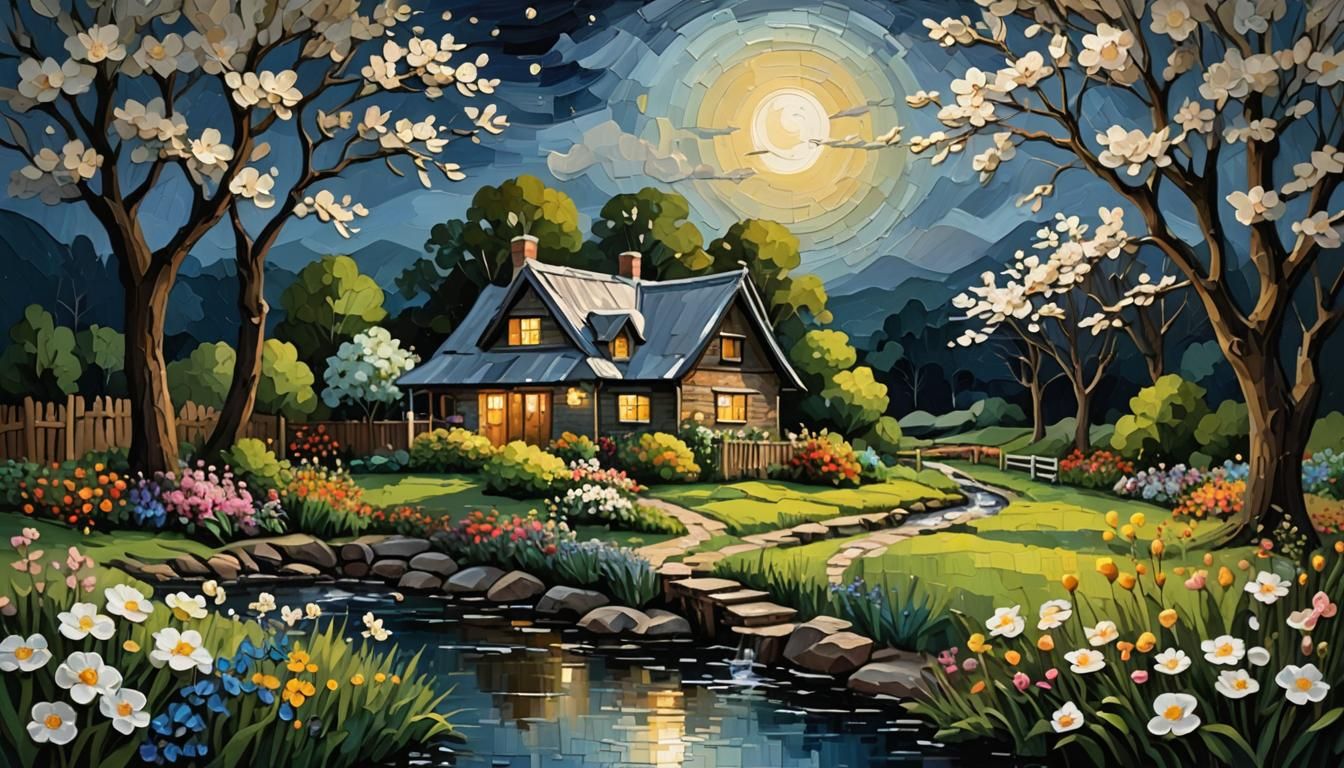 Moonlit Cottage Garden in Impasto Style