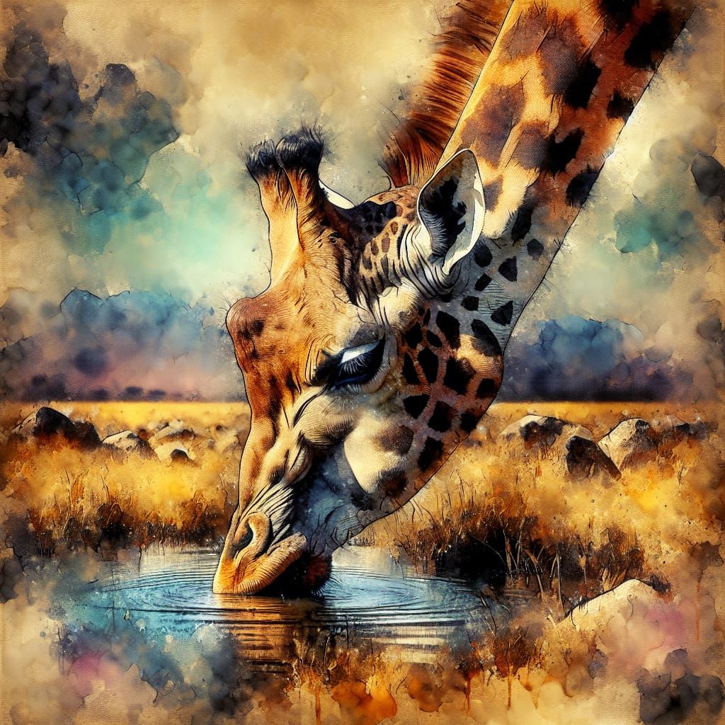 Giraffe Drinks: Impressionist Watercolor Masterpiece in 8K