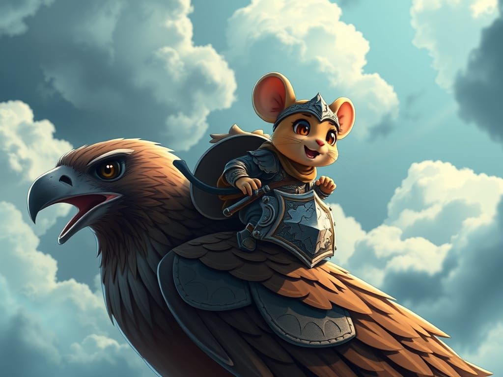 Cartoon Mouse Knight Rides Hawk in Dramatic Sky