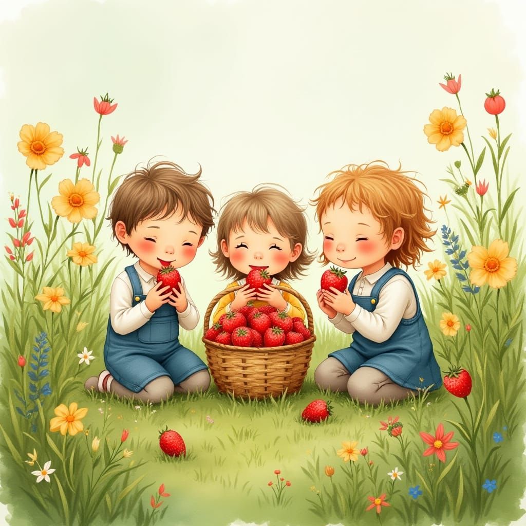 Children Enjoy Strawberries in a Lush Green Meadow