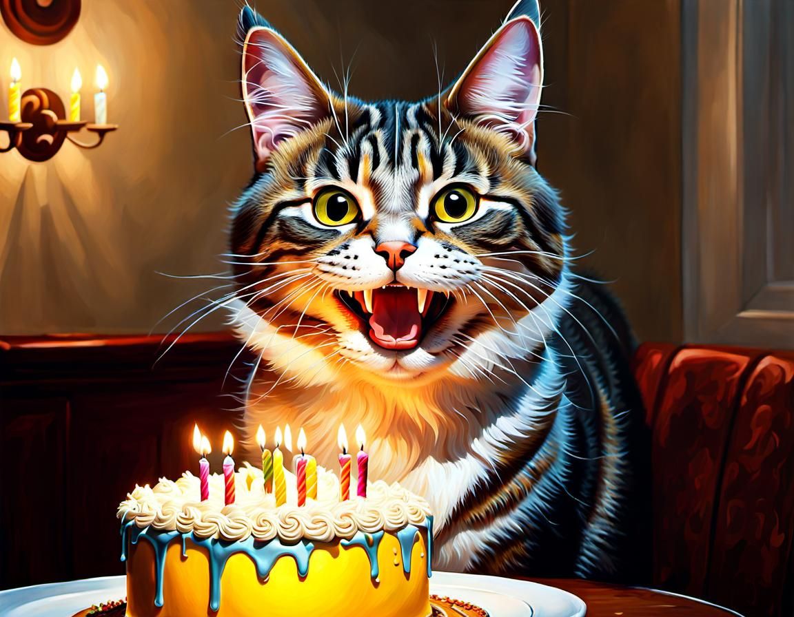 Happy Birthday Cat in Hyperrealistic Oil Painting