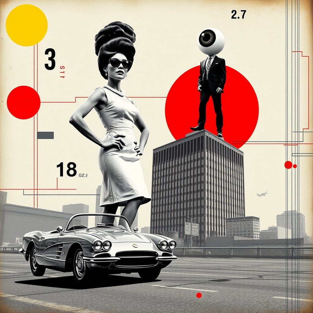 Surreal Retro Collage: Woman, Eyeball Man, Toy Car