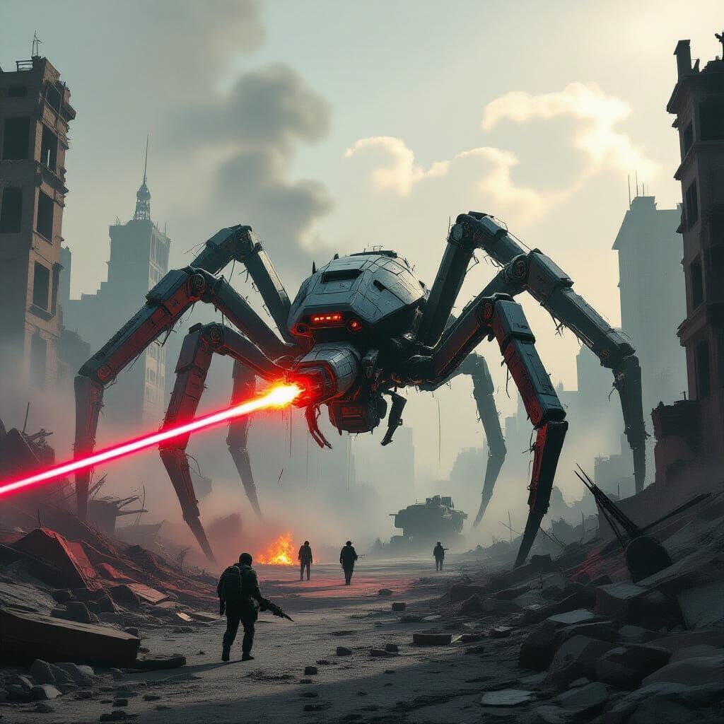 Cyborg Battle Spider in Ruined City