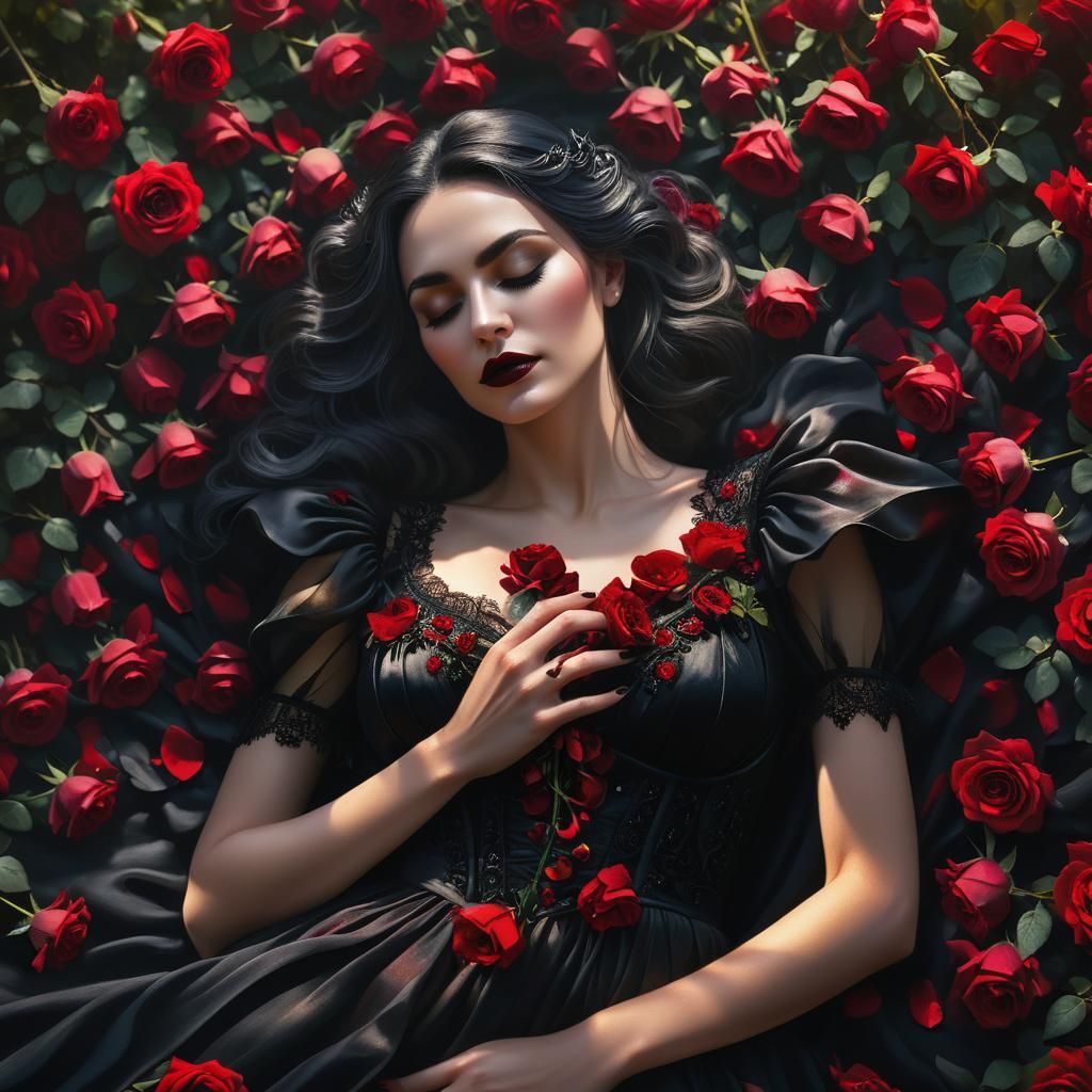 Gothic Woman Sleeping in Crimson Roses