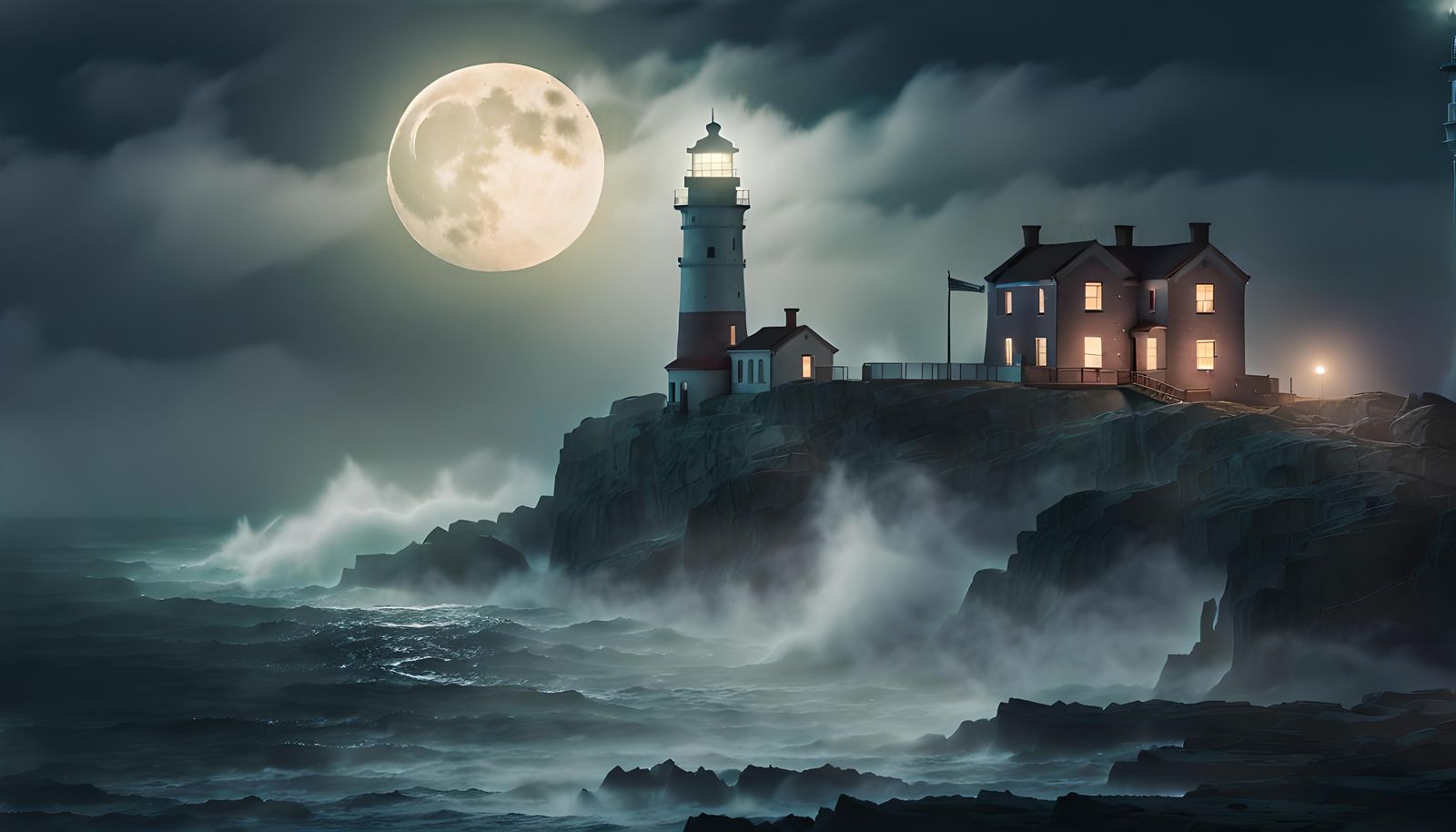 Lighthouse at Night Under a Misty Moon