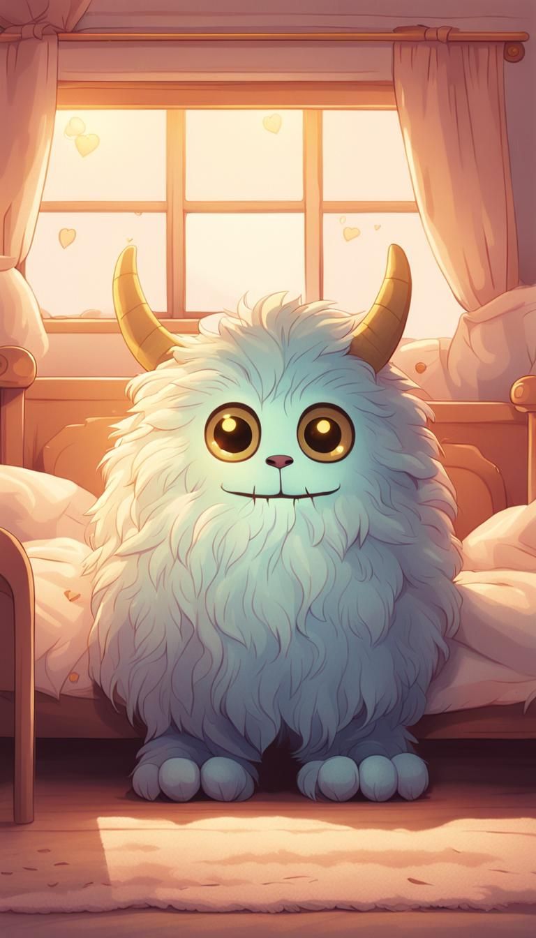 Cute Monster Emerges from Under Bed in Dreamlike Illustratio...