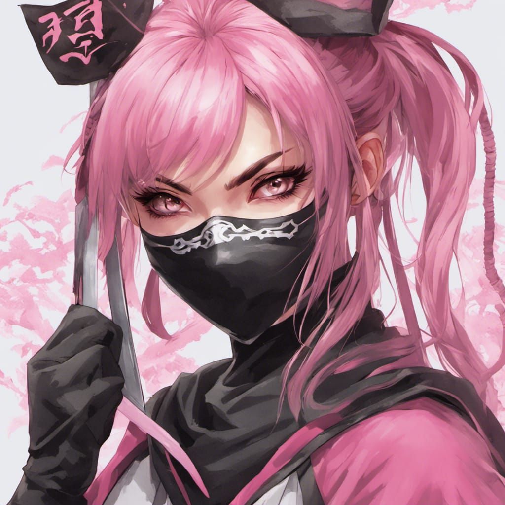 Pink-Accented Ninja Girl Portrait in Anime Style
