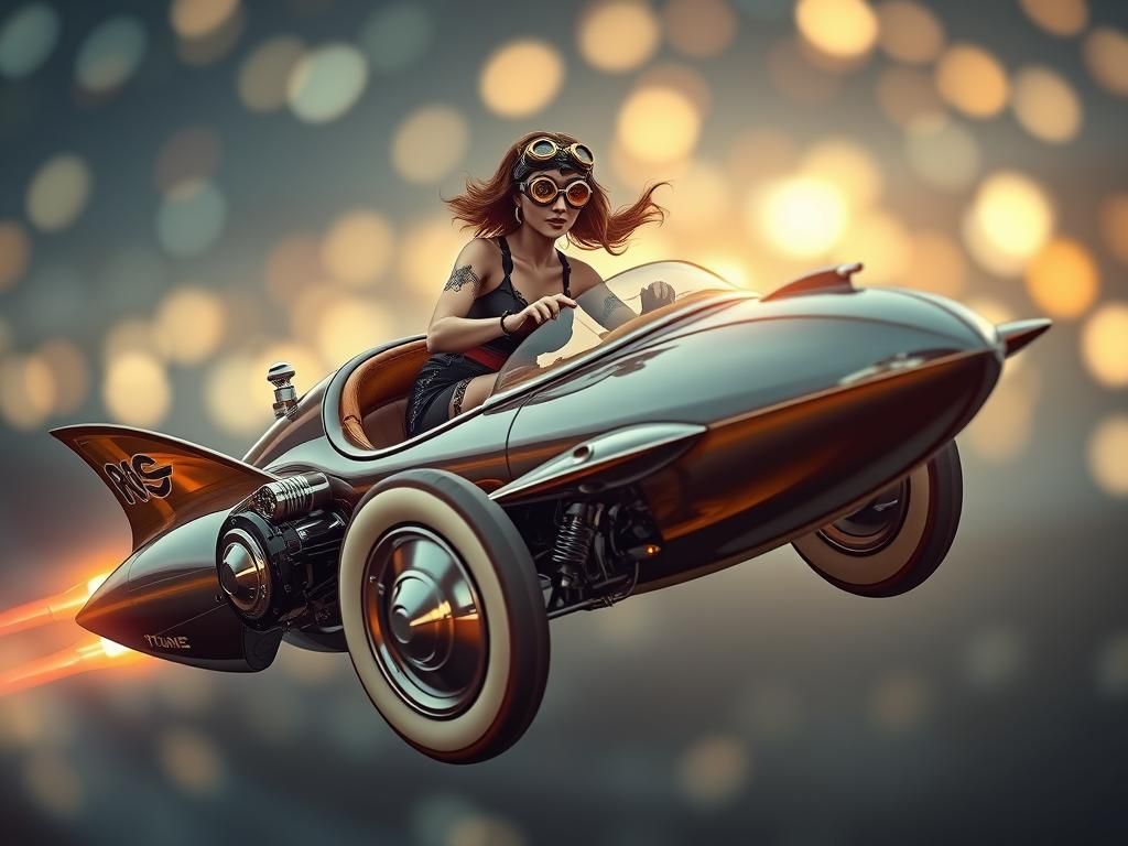 Steampunk Woman Rides Retro Rocket Car