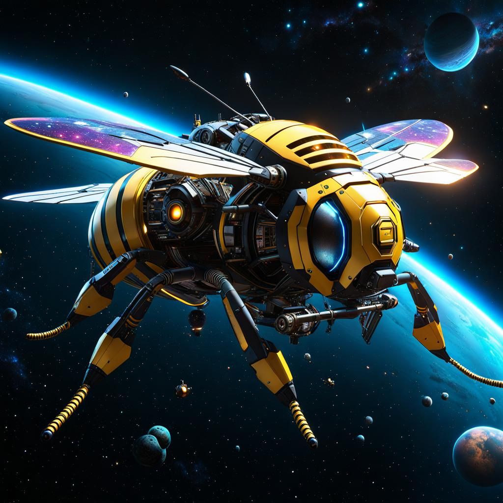 Cyberpunk Mechanical Bee Spaceship in Deep Space