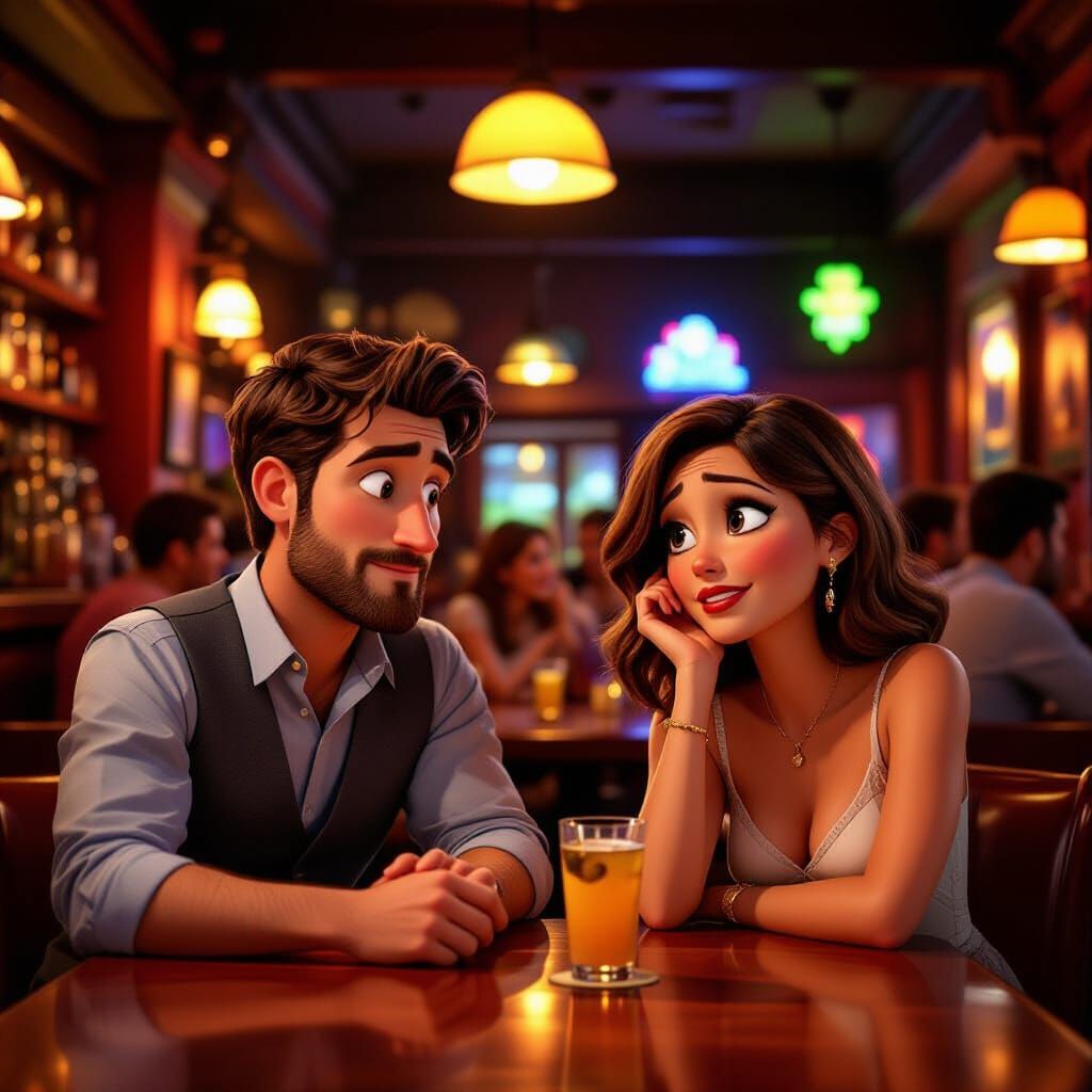 Couple Struggles to Communicate in Bustling, Colorful Bar