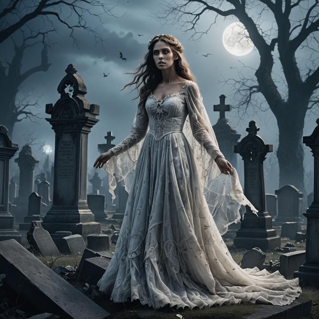 Ghostly Bride in Graveyard: Dark Fantasy Digital Art