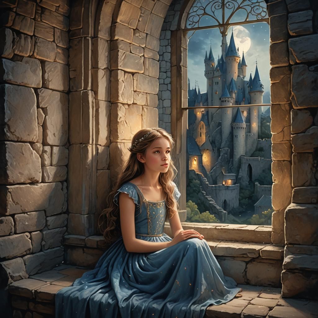 Young Girl in Castle Window: Ethereal Fairy Tale