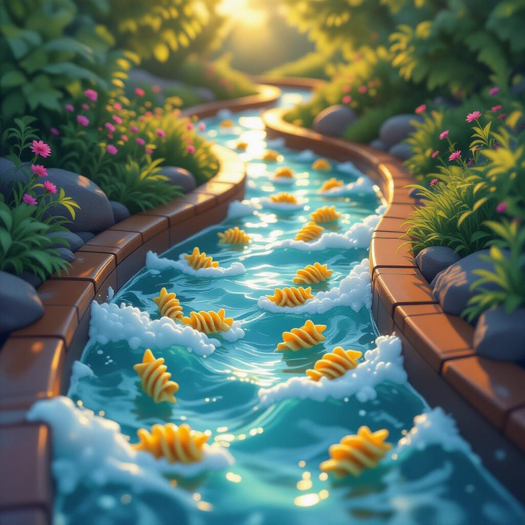 Whimsical Water Flume with Floating Pasta