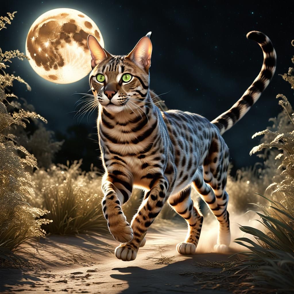 Epic Savannah Cat Running in Moonlight: Photorealistic CGI