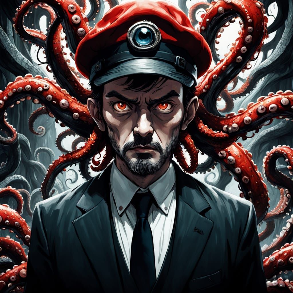 Textile Manga Comic Man with Red Hat and Eye Tentacles