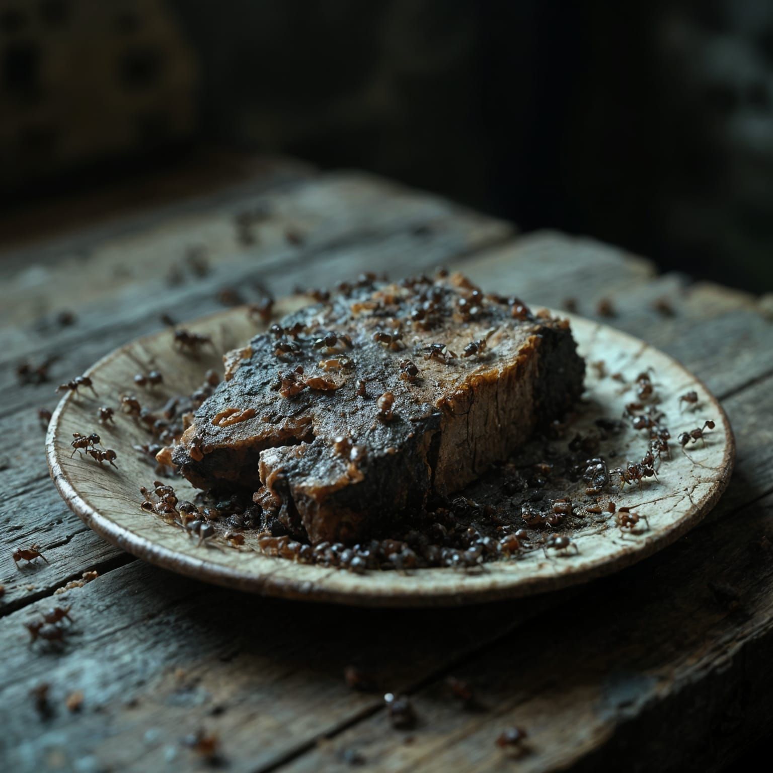 Decaying Meat with Ants on Dusty Table, Dark Horror