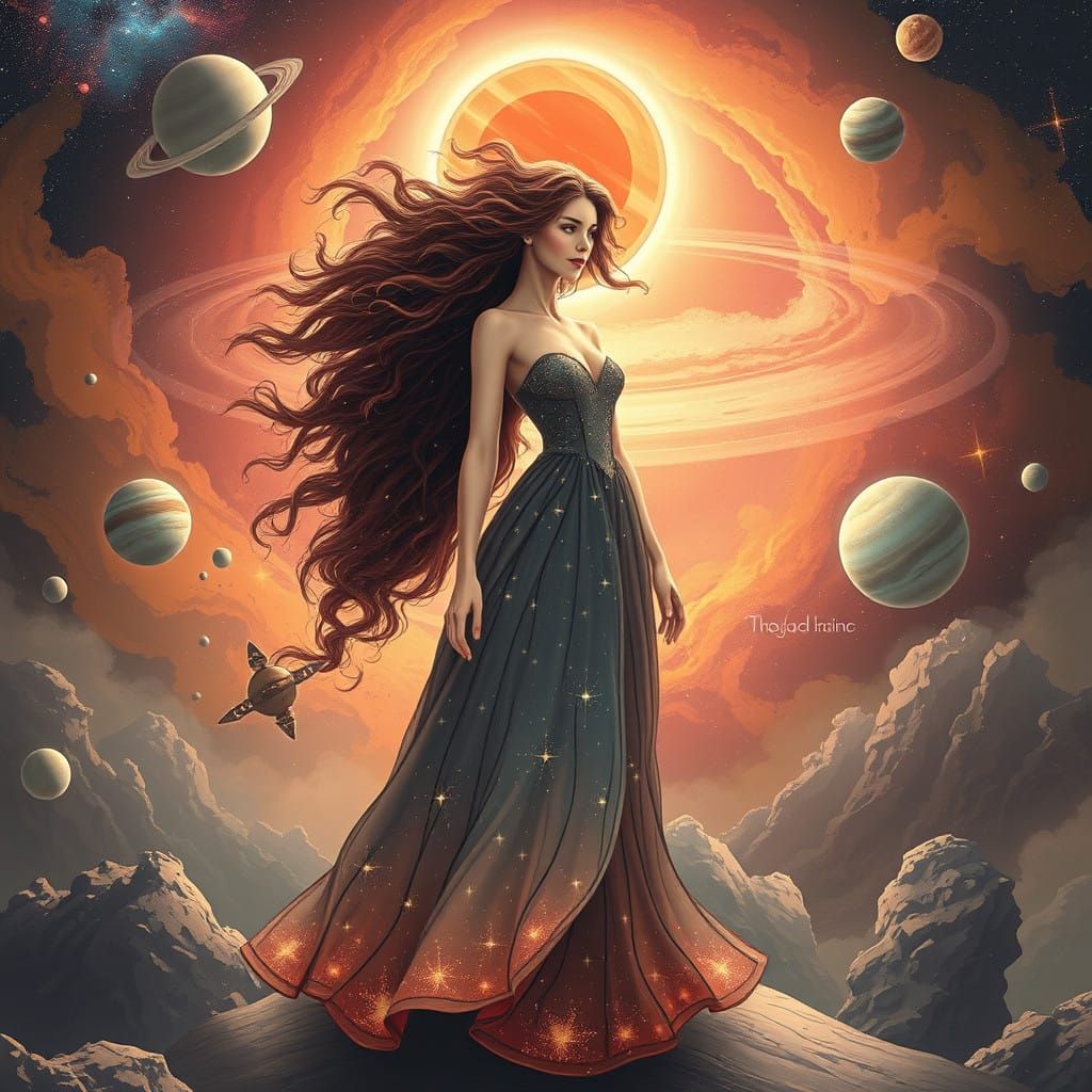 Celestial Cosmic Goddess in a Whimsical Solar System