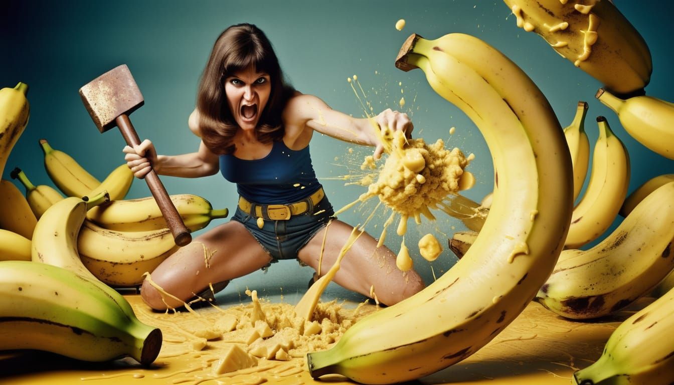 Woman Smashes Evil Bananas With Giant Hammer