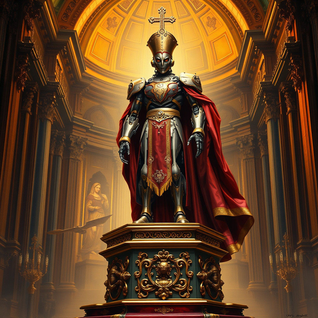 Robotic Priest in Baroque Cathedral, Gouache Style