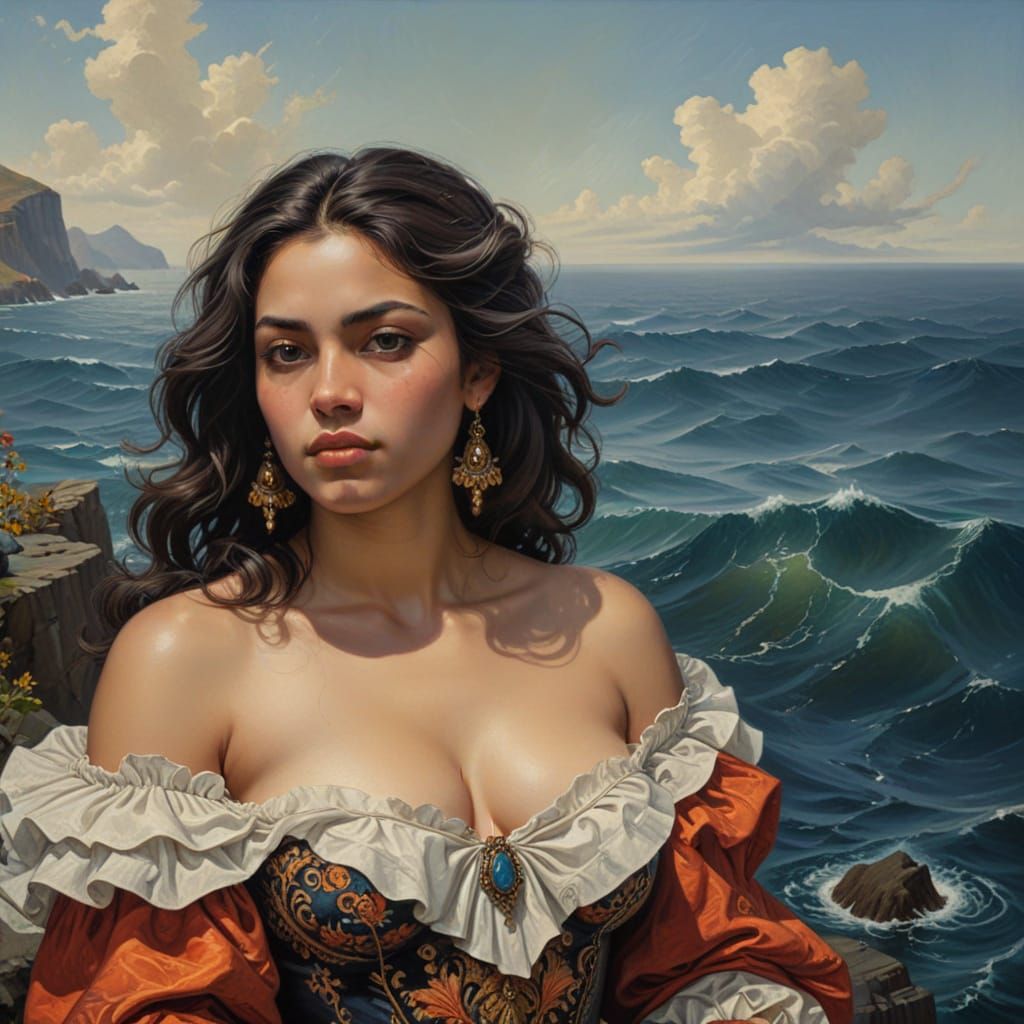 Baroque Painting of Woman on Ocean Cliff
