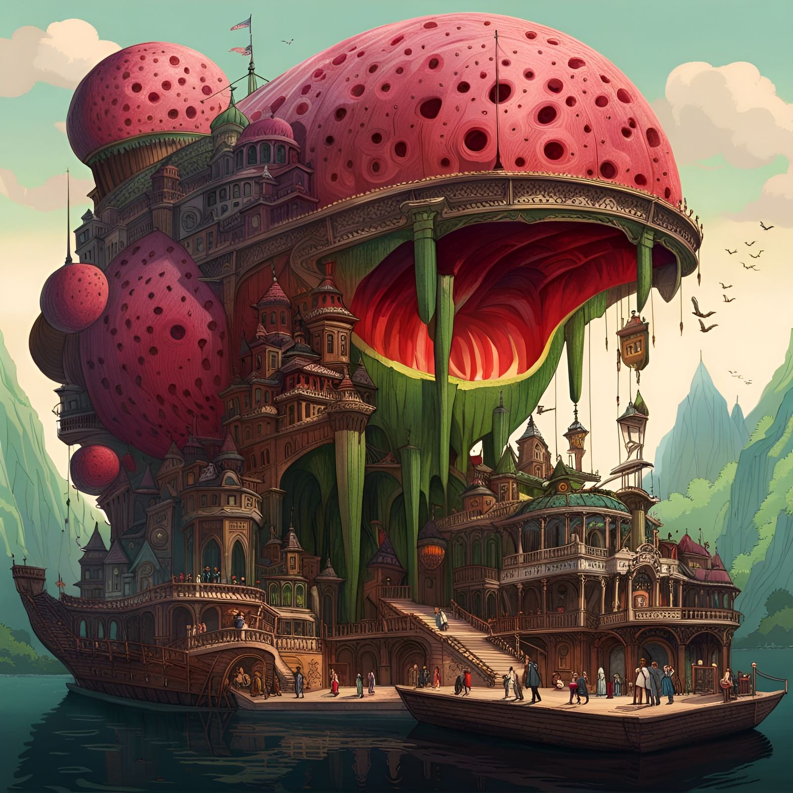 Vibrant Watermelon Skull Carving, Detailed Matte Painting