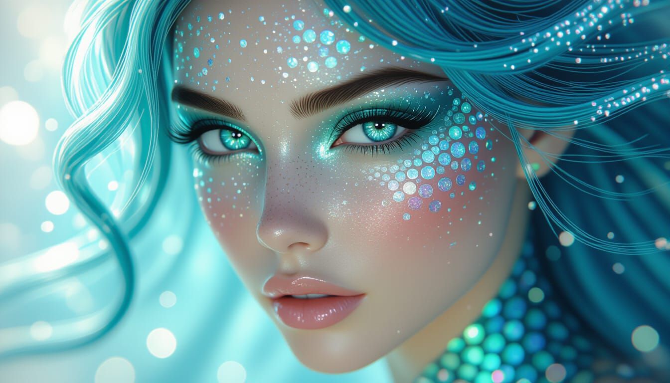 Mermaid Eye with Teal Hair in Futuristic Style
