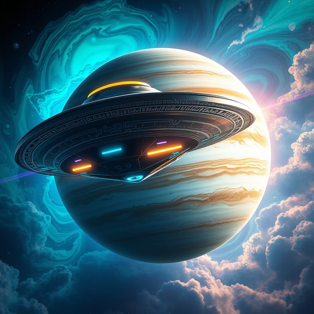 Surreal UFO Glides Across Jupiter's Turquoise Globe in Hyper...